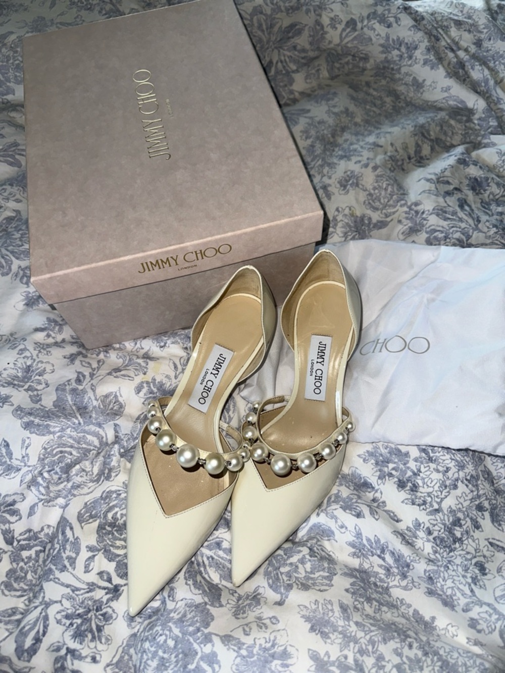Jimmy Choo Ivory Pearl-Strap Pointed Patent Kitten Heels | wedding